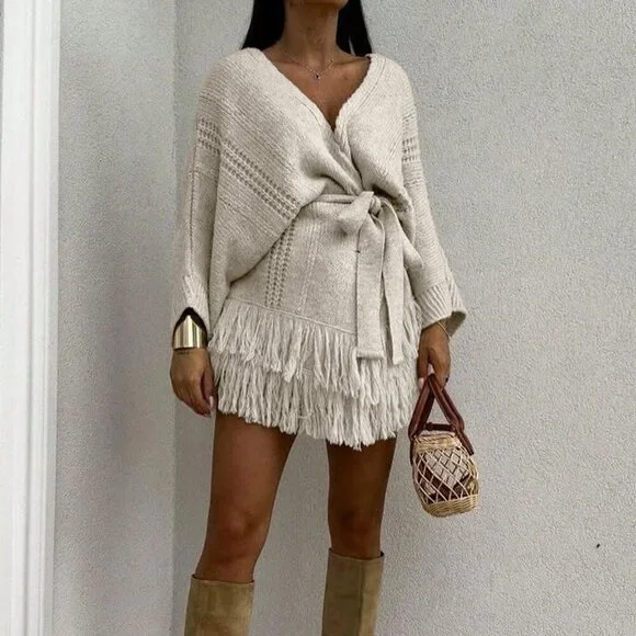 Khaki Elegant Women's Drop Shoulder Hollow Out Cardigan - Picture 6 of 11